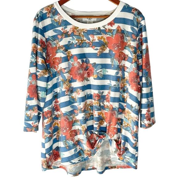 Moa Moa Plus Size 2X Blue & White Striped Floral Relaxed Fit Top Twist Hem EUC - Picture 1 of 12
